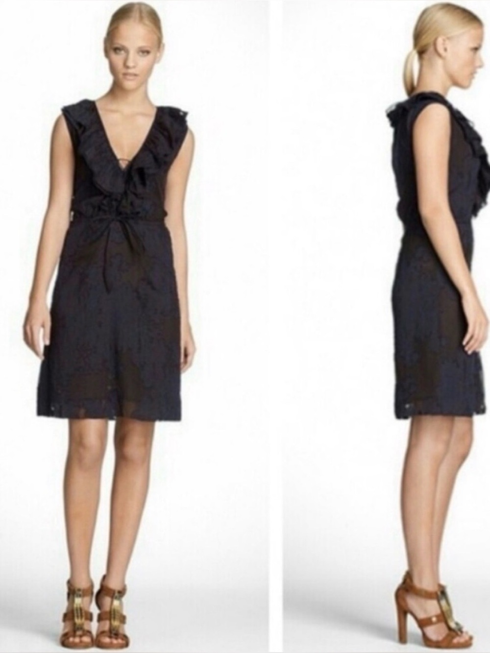Tory Burch Lallie Silk Floral Sleeveless Ruffle Dress 6 Navy Blue Womens